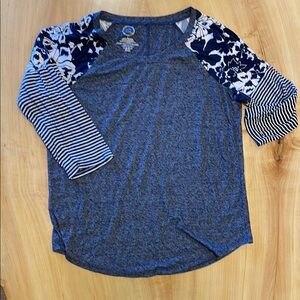 Maurices Raglan Sleeve Blue Floral and Stripe Top